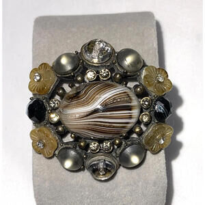 Gerard Yosca Brown Amber Flawed Glass Cabochon Rhinestone Pendant Brooch Vintage